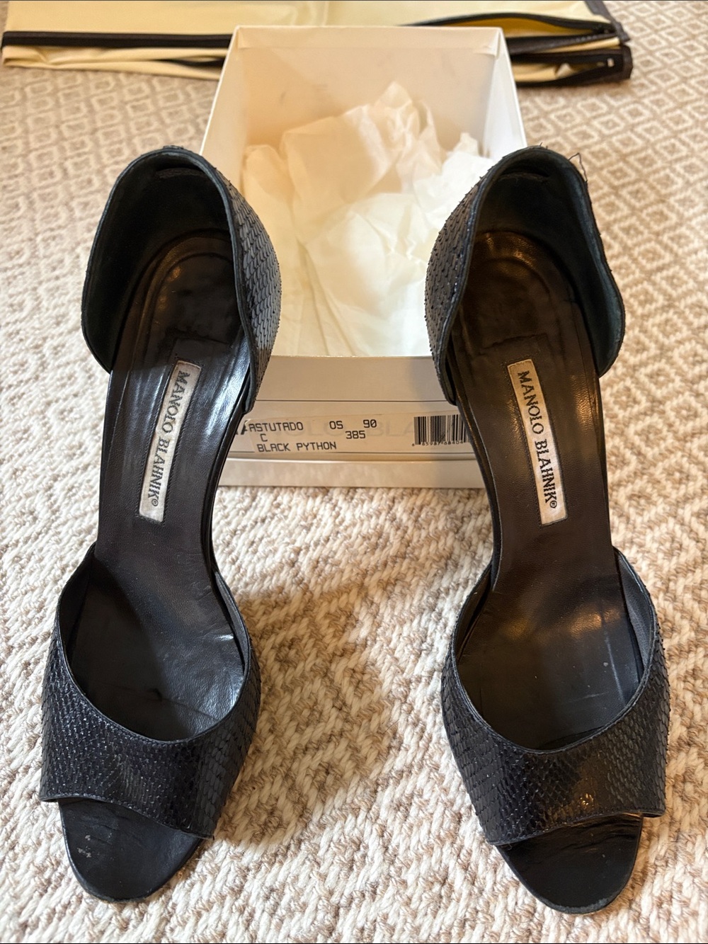 Manolo Blahnik Black Python Open-Toe D'Orsay Heels